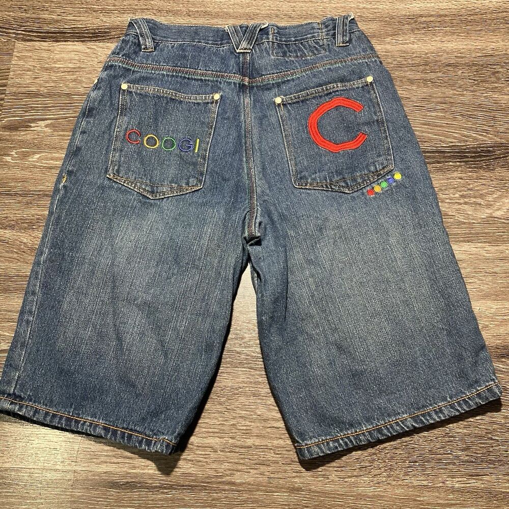 Y2K Coogi Boys Denim Shorts Size 18 Blue Baggy Rainbow Stitching Flawless